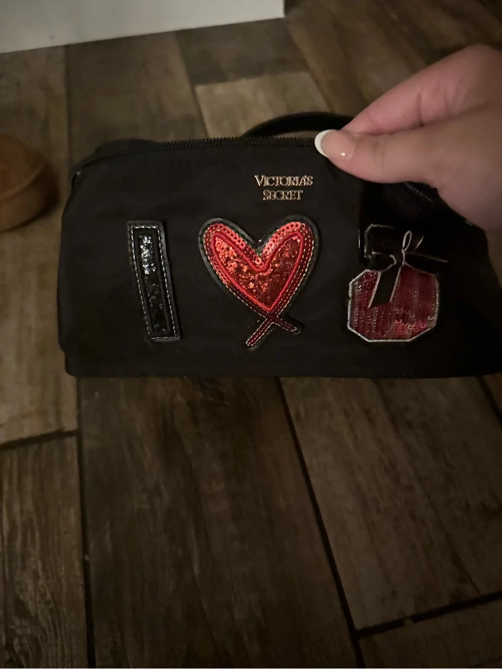 Victoria's Secret Black Pouch with Red Sequin Heart and Accent Patches